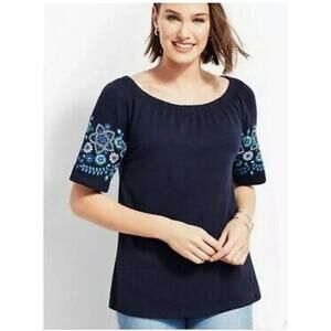 TALBOTS Cotton Embroidered Raglan Navy Tee Blouse Size Medium Petite
